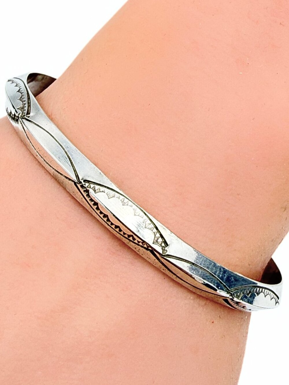 Geometric Hand Stamped Sterling Silver Carinated Stackable Cuff Bracelet